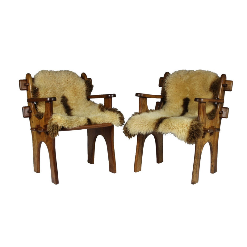 Paire de fauteuils vintage en teck massif de mouton scandinave 1960