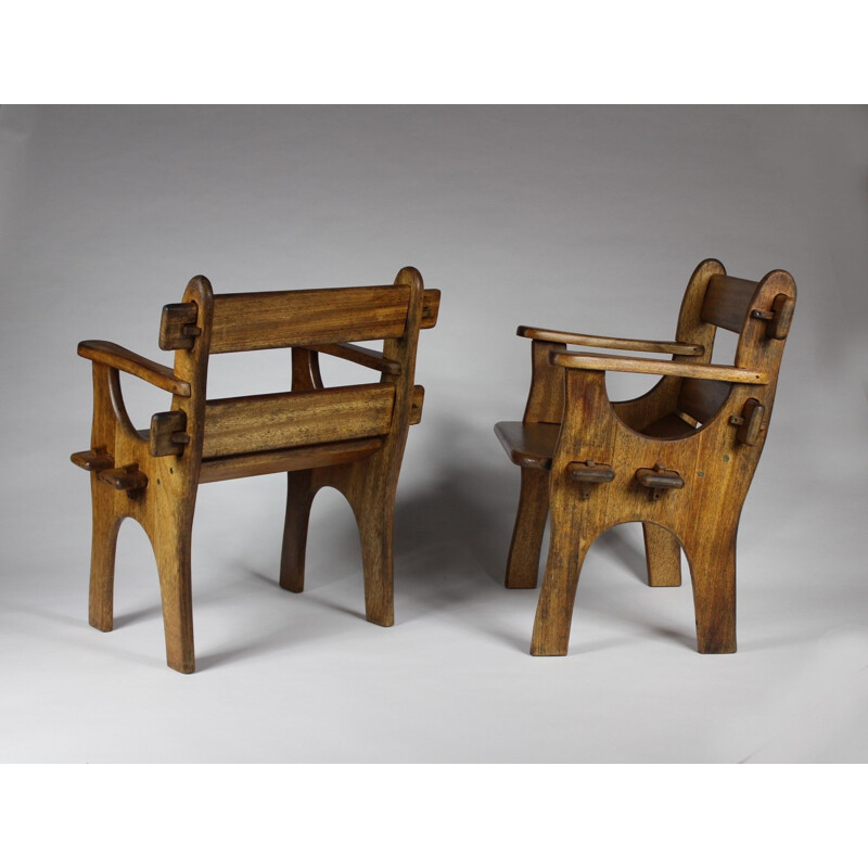 Pair of vintage armchairs with sheepskin solid teak wood scandinavian 1960s