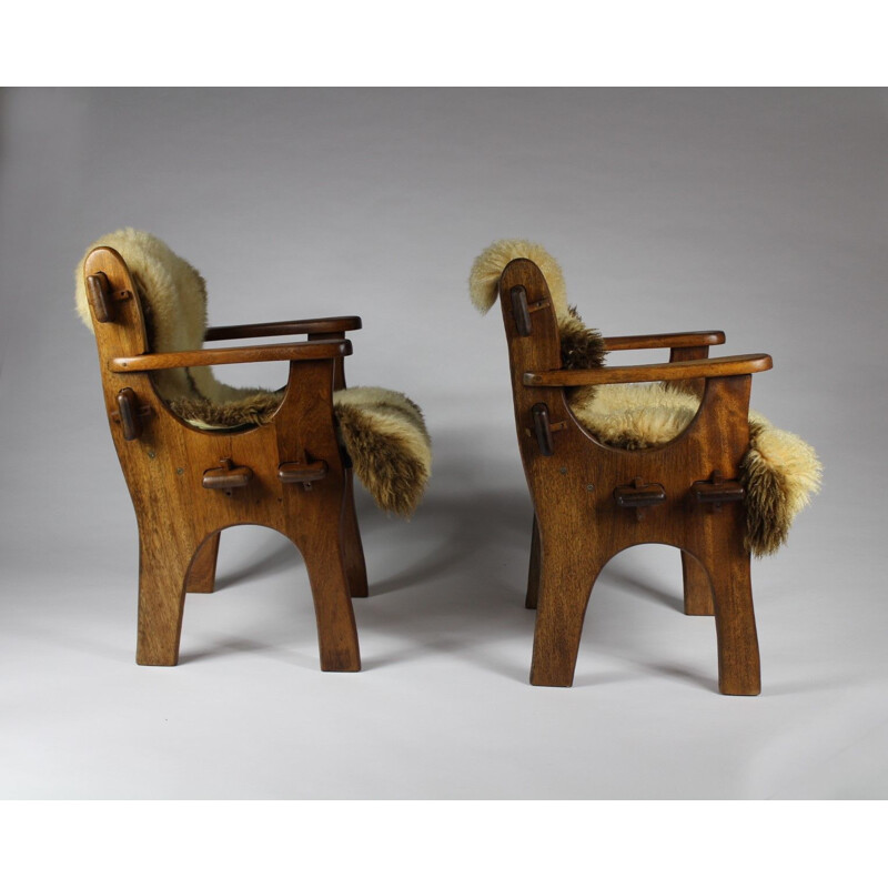 Pair of vintage armchairs with sheepskin solid teak wood scandinavian 1960s