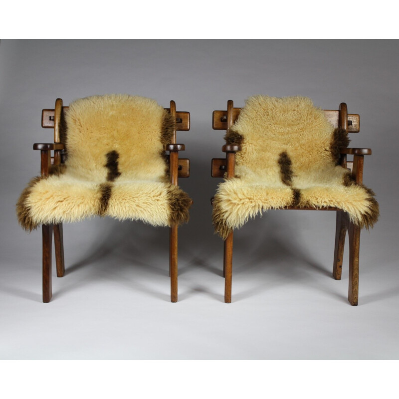 Paire de fauteuils vintage en teck massif de mouton scandinave 1960