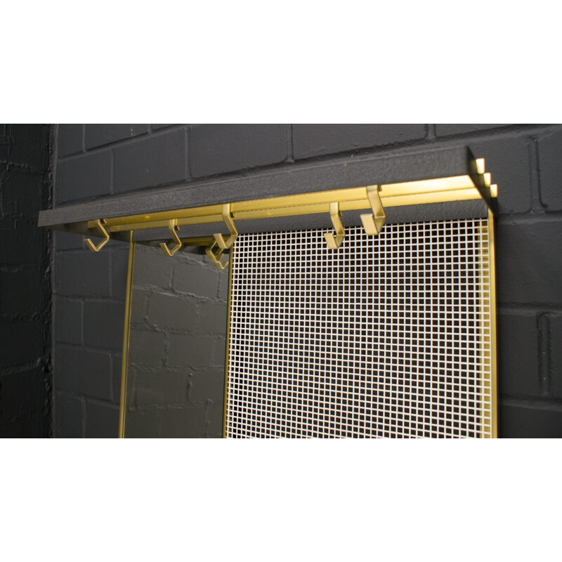 Vintage metal wall coat rack with mirror and brass hooks, 1950