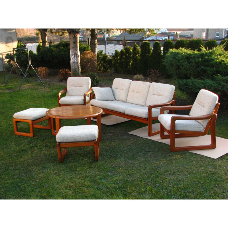 Set of vintage sofa and 2  armchairs with footrests  teak wood denmark