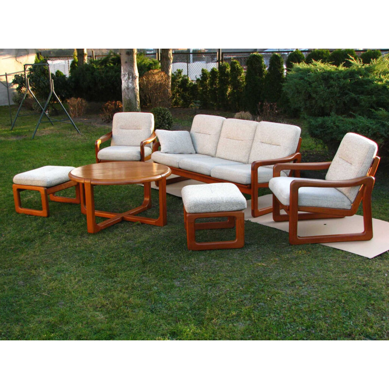 Ensemble de canapé et 2 fauteuils vintage avec repose-pieds en bois de teck danemark