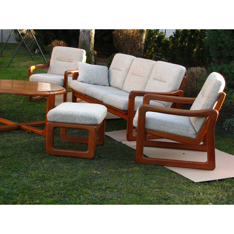 Set of vintage sofa and 2  armchairs with footrests  teak wood denmark