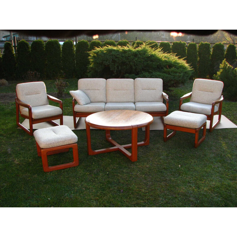 Set of vintage sofa and 2  armchairs with footrests  teak wood denmark