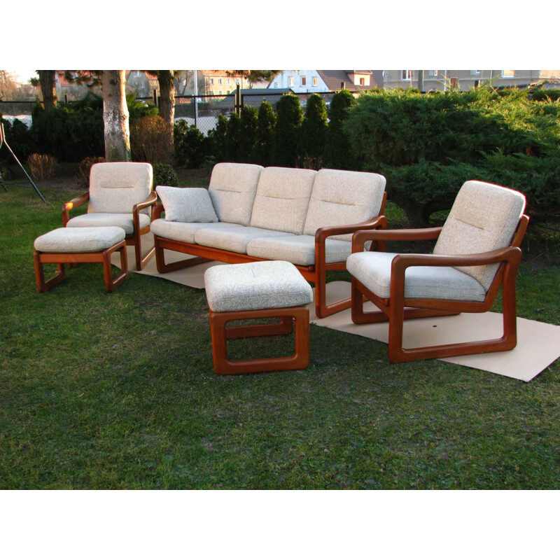 Ensemble de canapé et 2 fauteuils vintage avec repose-pieds en bois de teck danemark