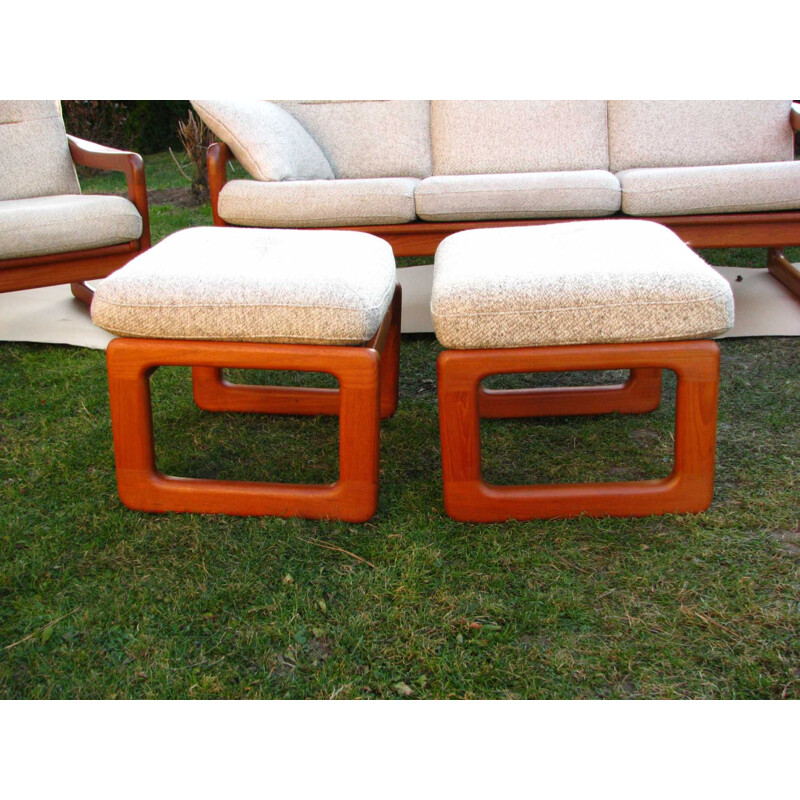Set of vintage sofa and 2  armchairs with footrests  teak wood denmark