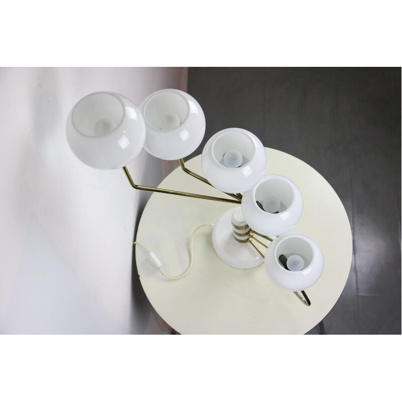 Lampe de table vintage opaline blanche et dorée à 5 lumières