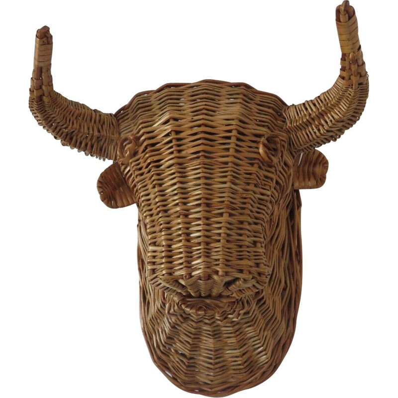Vintage minotaur bull head in rattan 1960