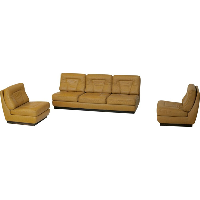 Set of sofa and pair of vintage leather chauffeuses by Jacques Charpentier in dark yellow leather France, circa 1970.