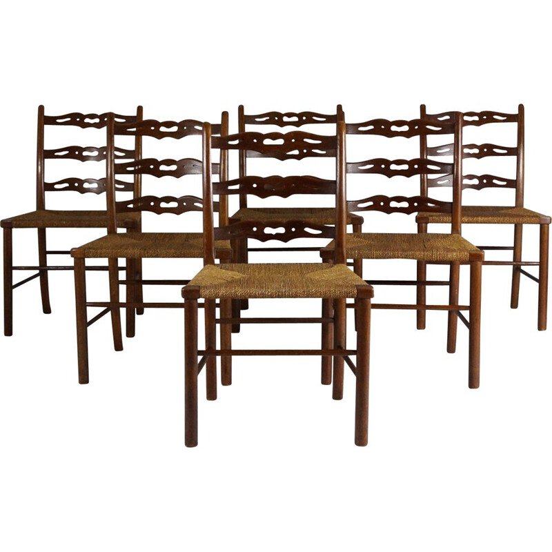 Set of 6 vintage oak dining chairs with woven rush seat from the first half of the 20th century