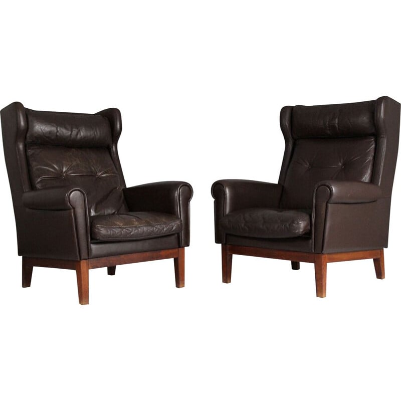 Pair of leather club armchairs Scandinavian 1970