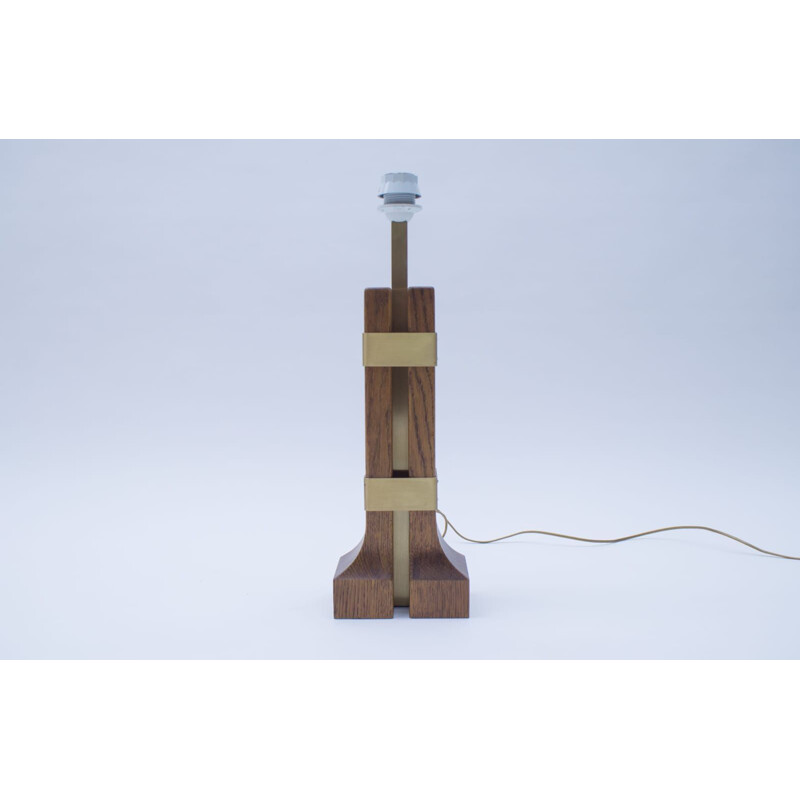 Lámpara de mesa vintage de madera y latón 1960