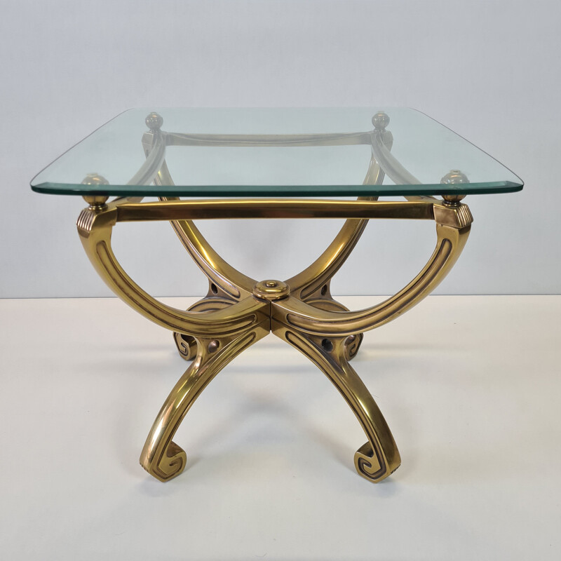 Vintage brass sculpture side table with glass top French 1990s