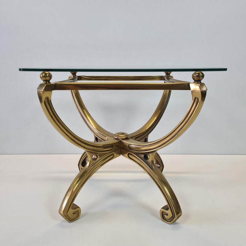 Vintage brass sculpture side table with glass top French 1990s