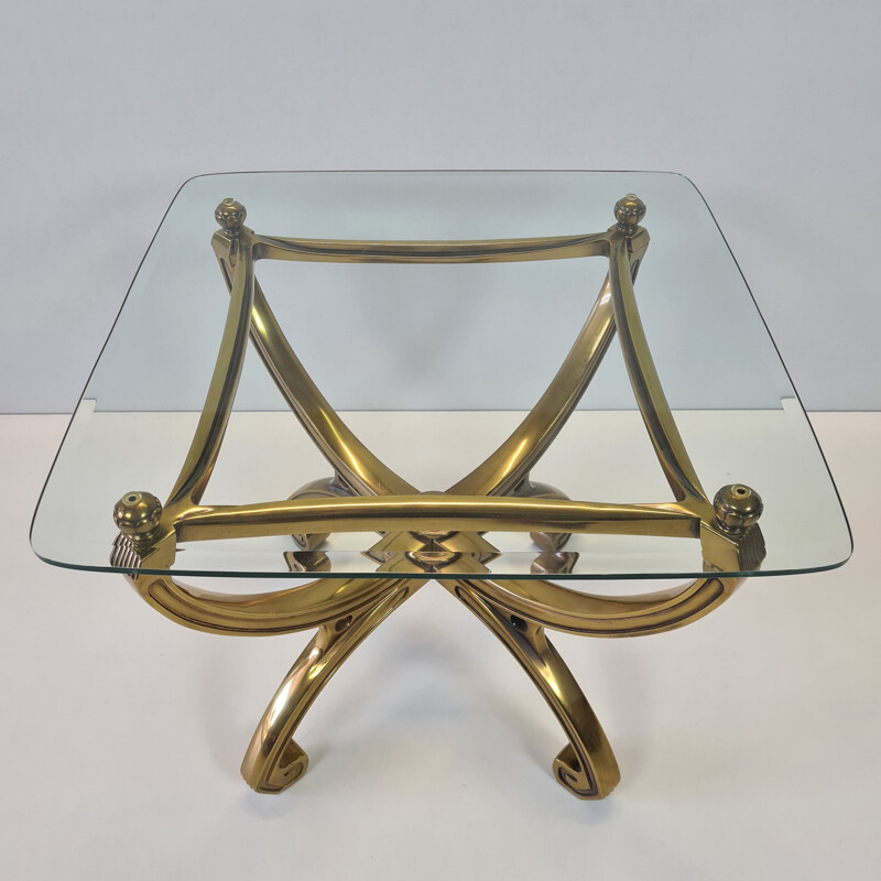Vintage brass sculpture side table with glass top French 1990s
