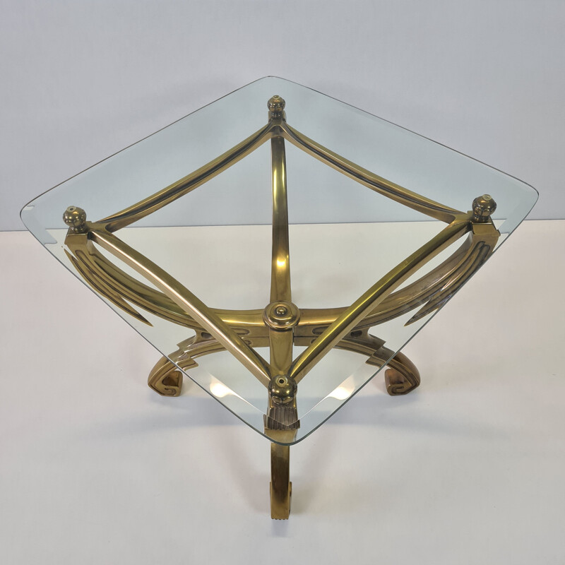 Vintage brass sculpture side table with glass top French 1990s