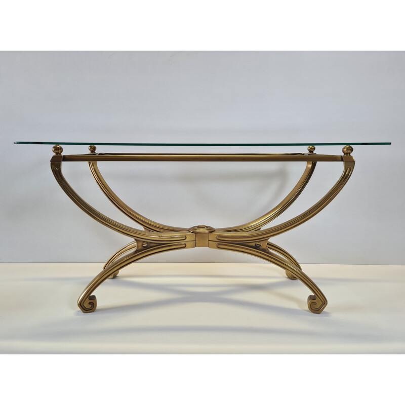 Vintage brass sculpture console table with glass top French 1990s