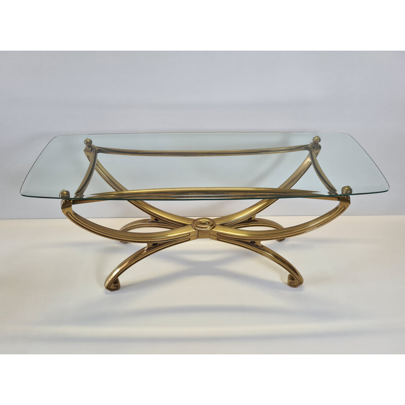 Vintage brass sculpture console table with glass top French 1990s