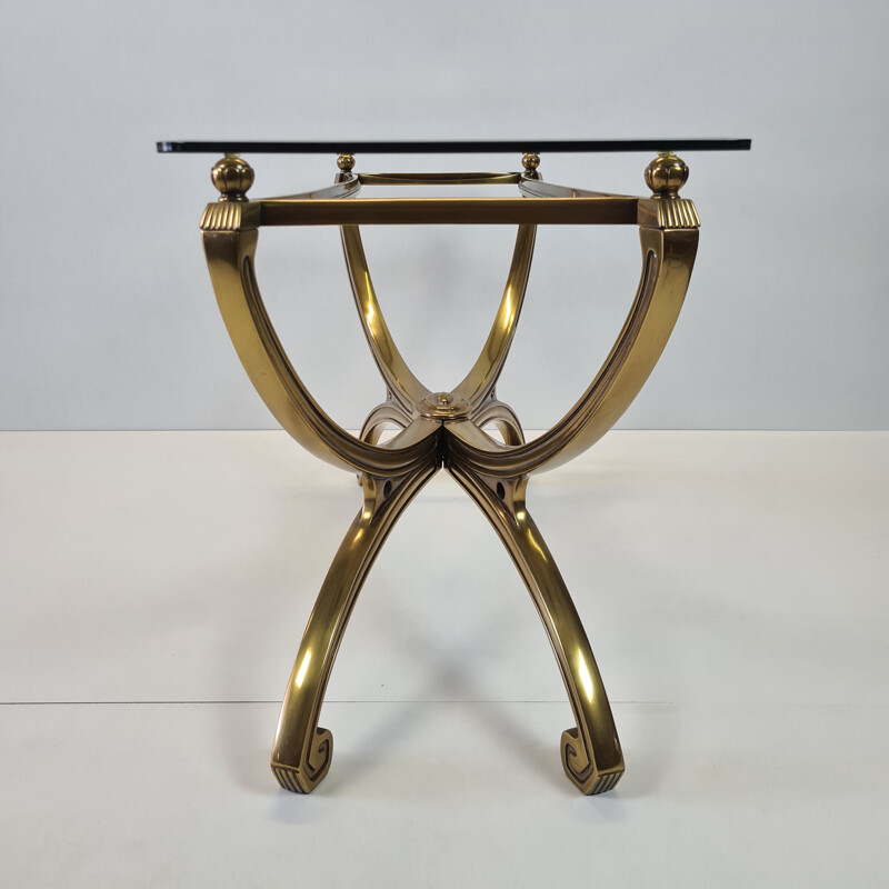 Vintage brass sculpture console table with glass top French 1990s