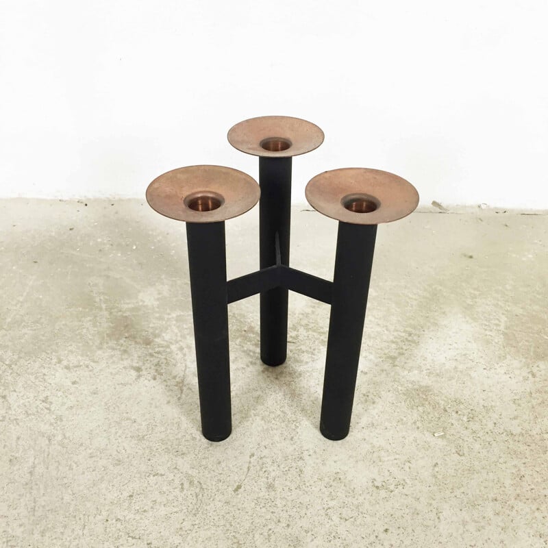 Vintage three-arm candlestick In metal and copper, Denmark 1960