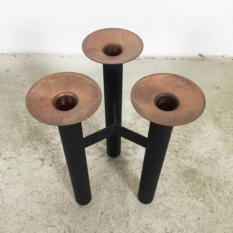 Vintage three-arm candlestick In metal and copper, Denmark 1960