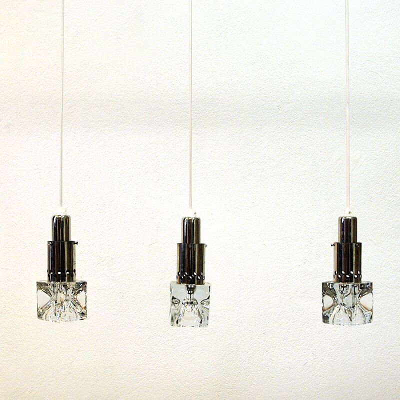 Set of 3 vintage Glass Ice Cube Pendants Scandinavia 1960s