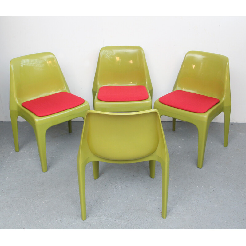Ensemble de 4 chaises vintage en plastique vert et tissu - 1970