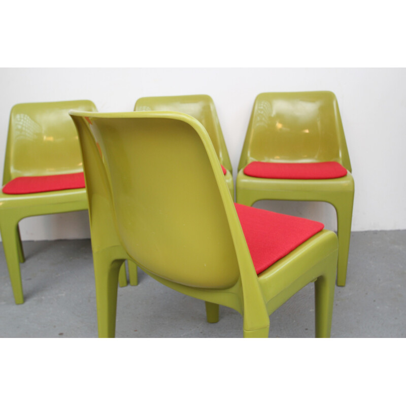 Set of 4 chairs in green plastic and pink fabric - 1970s