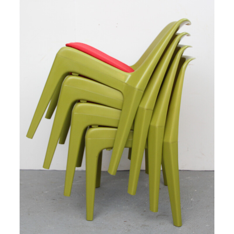 Set van 4 vintage stoelen in groen plastic en stof - 1970