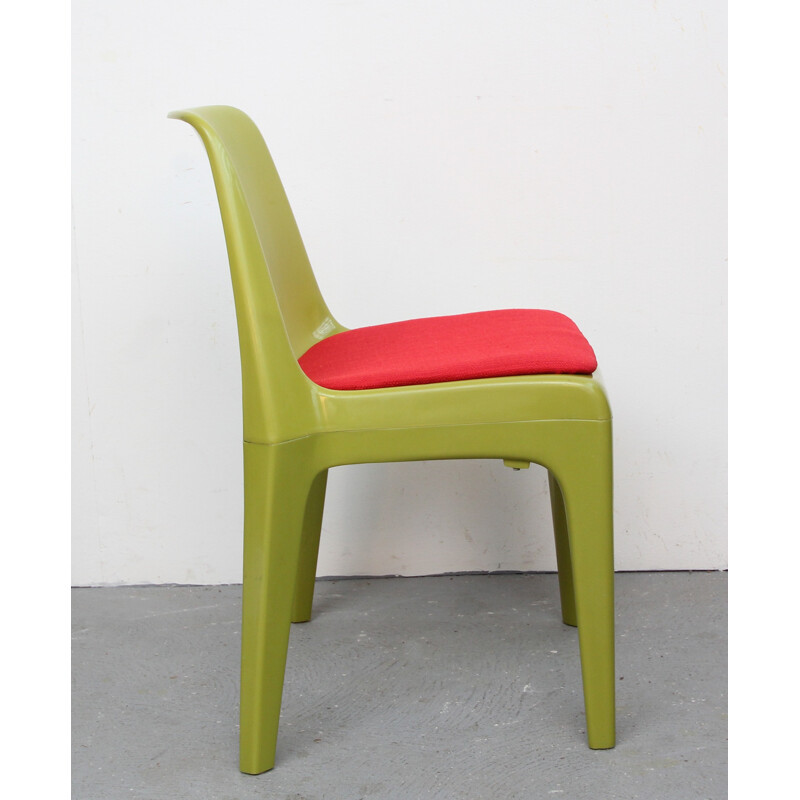 Ensemble de 4 chaises vintage en plastique vert et tissu - 1970