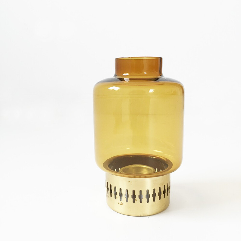 Bougeoir vintage scandinave en verre soufflé et laiton, Hans Agne JAKOBSSON - 1960