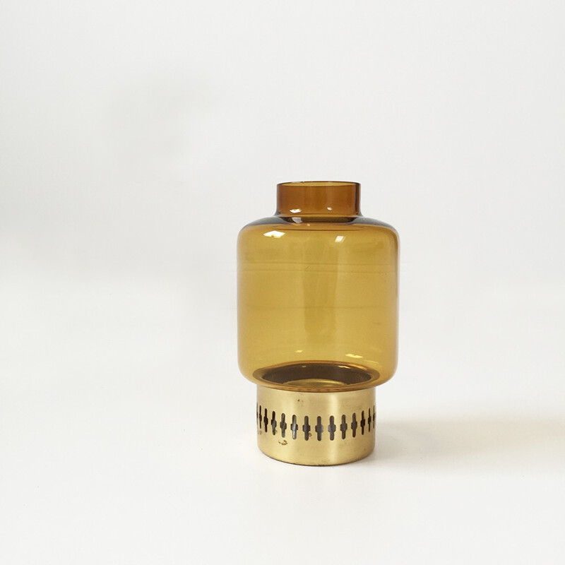 Scandinavian mid-century candle holder in blown glass and brass - 1960s