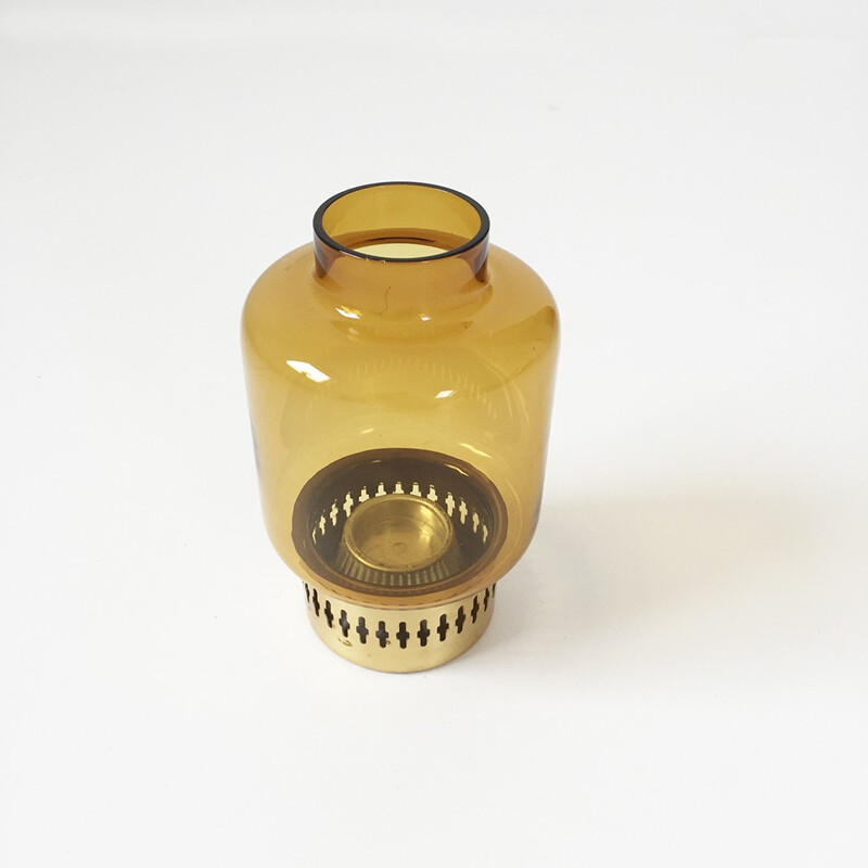 Scandinavian mid-century candle holder in blown glass and brass - 1960s