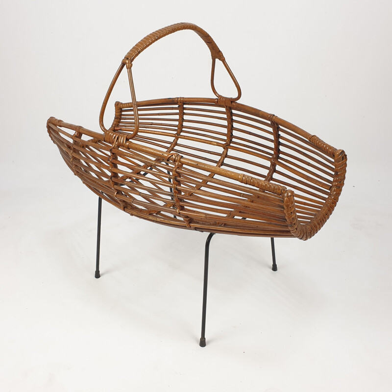 Vintage Wicker Rattan Magazine Rack Italian 1950s