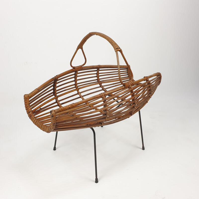 Vintage Wicker Rattan Magazine Rack Italian 1950s