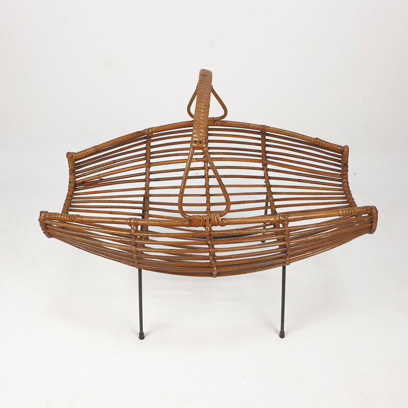 Vintage Wicker Rattan Magazine Rack Italian 1950s