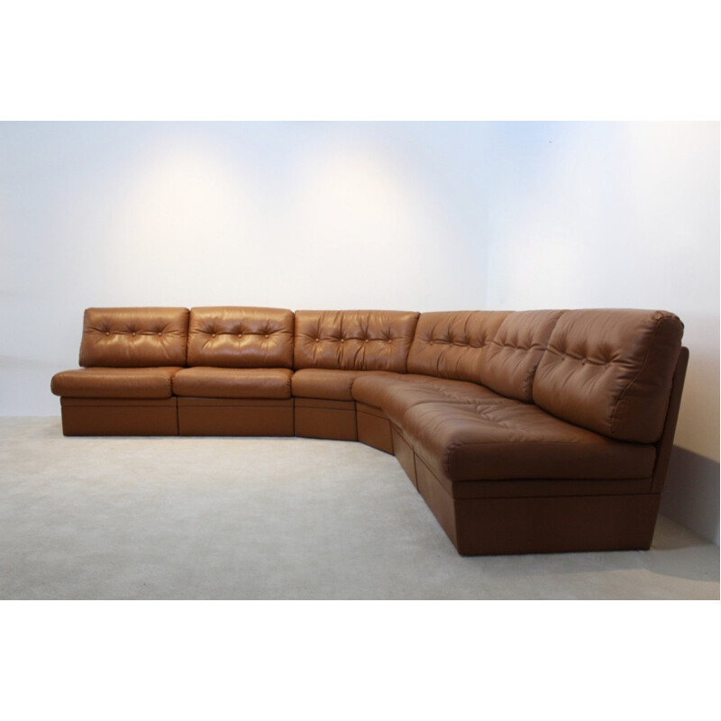 Very large modular corner sofa in cognac leather - 1960s