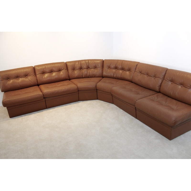 Very large modular corner sofa in cognac leather - 1960s