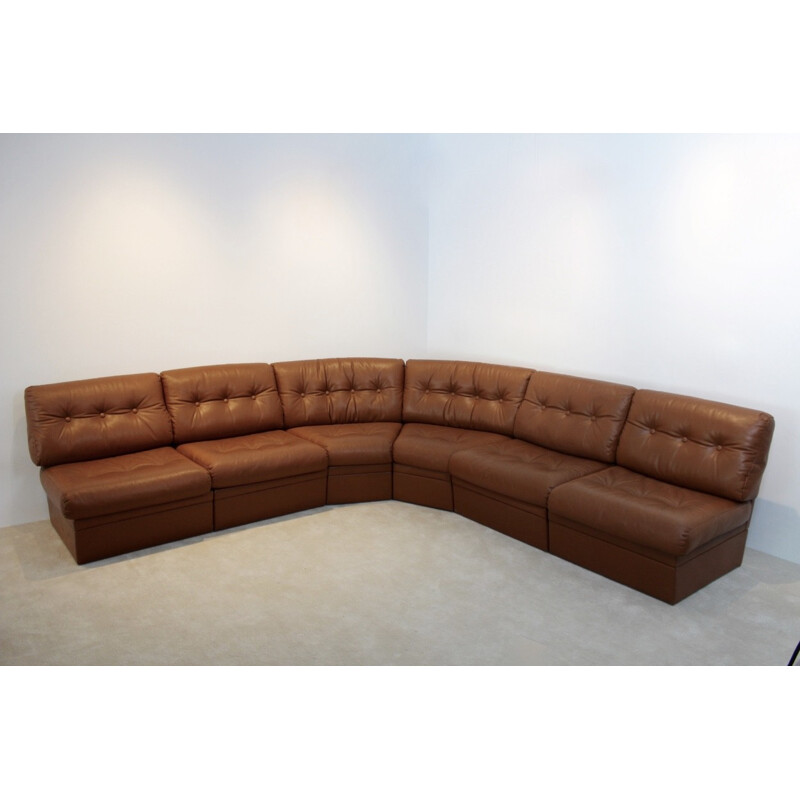 Very large modular corner sofa in cognac leather - 1960s