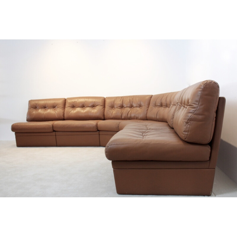 Very large modular corner sofa in cognac leather - 1960s