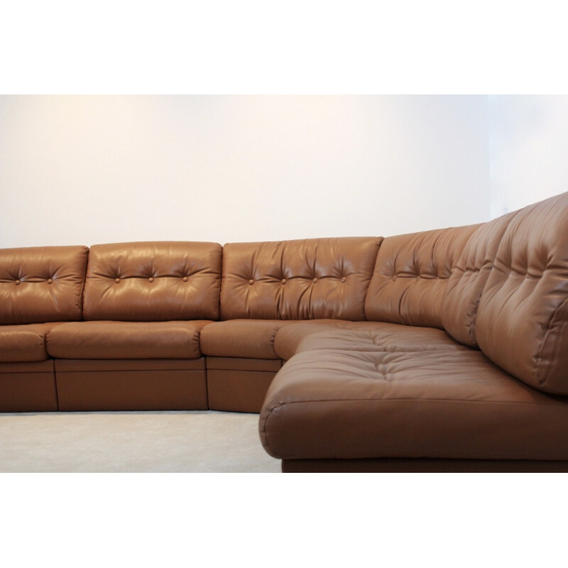 Very large modular corner sofa in cognac leather - 1960s