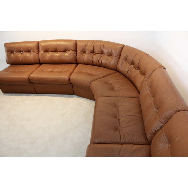 Very large modular corner sofa in cognac leather - 1960s