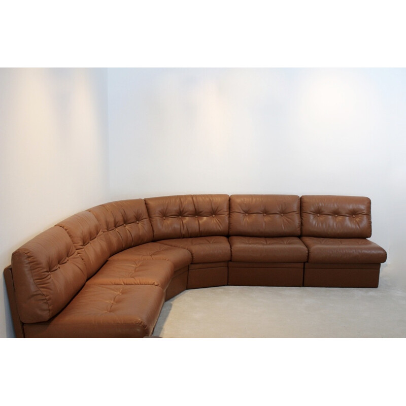 Very large modular corner sofa in cognac leather - 1960s