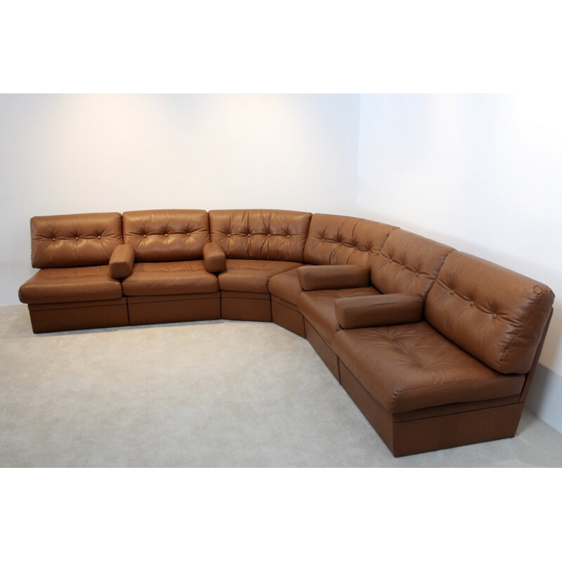 Very large modular corner sofa in cognac leather - 1960s