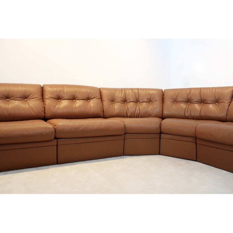 Very large modular corner sofa in cognac leather - 1960s