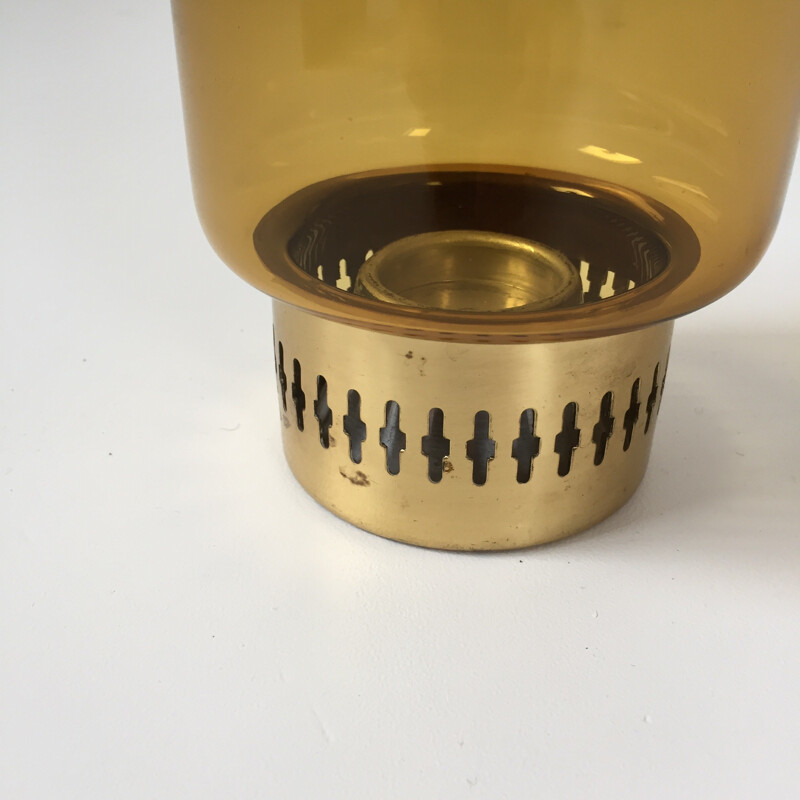 Scandinavian mid-century candle holder in blown glass and brass - 1960s