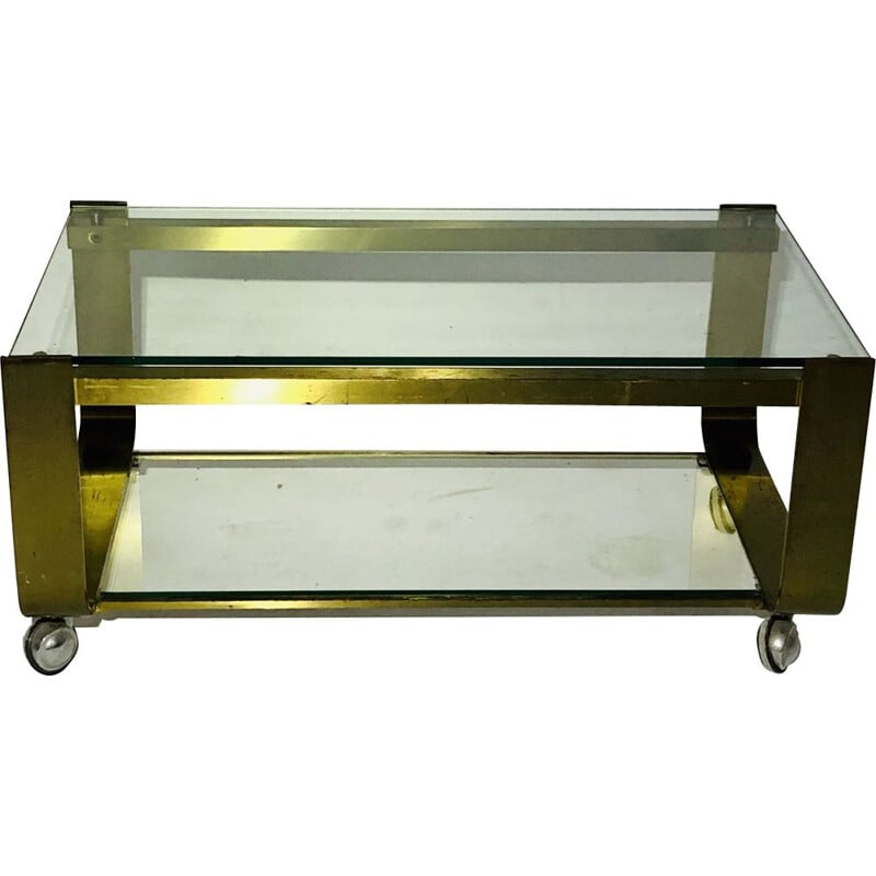 Vintage coffee table with double brass and glass tops