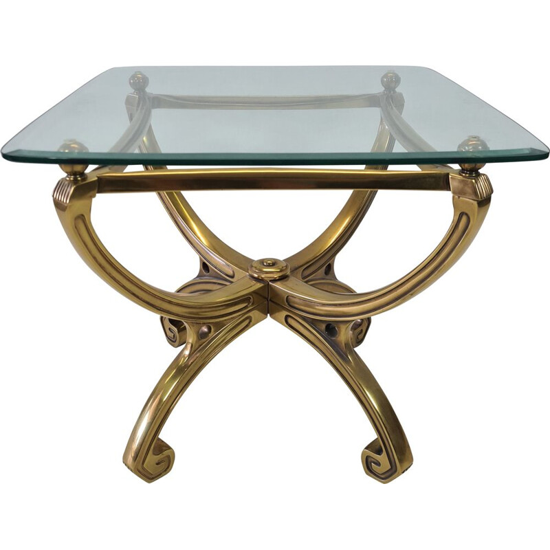 Vintage brass sculpture side table with glass top French 1990s