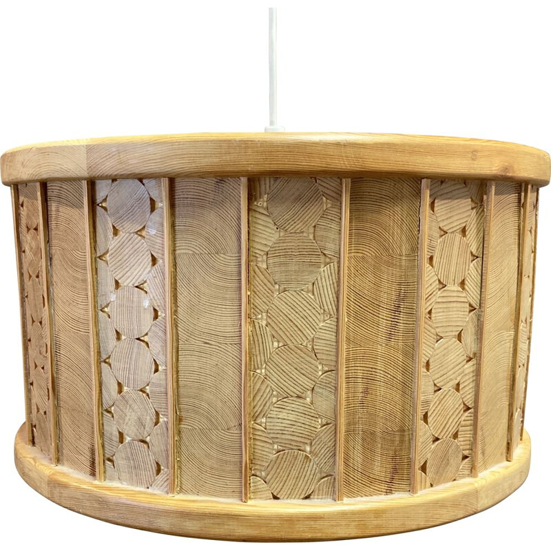 Grande suspension vintage bois massif scandinave 1950